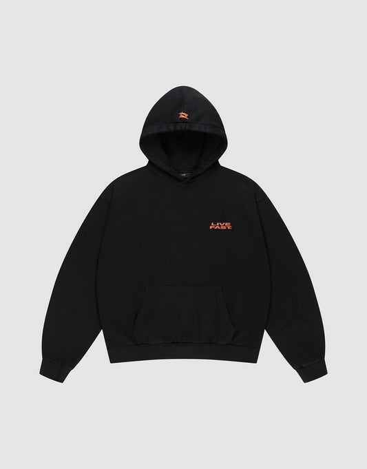The Print Over Hooded by LIVE FAST DIE YOUNG is a black oversized sweatshirt with a front pocket, small orange chest logo, and an orange graphic on the hood. Made from 100% Baumwolle and shown on a plain gray background.