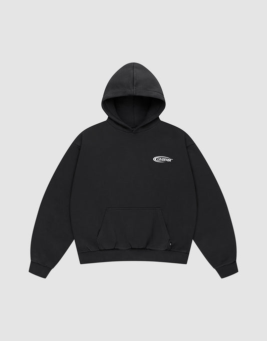The LFDY Supply Hooded by LIVE FAST DIE YOUNG is a black, oversized hoodie with long sleeves, a front pocket, and a small white oval logo on the left chest. Made from Baumwolle Polyester and shown on a light gray background.