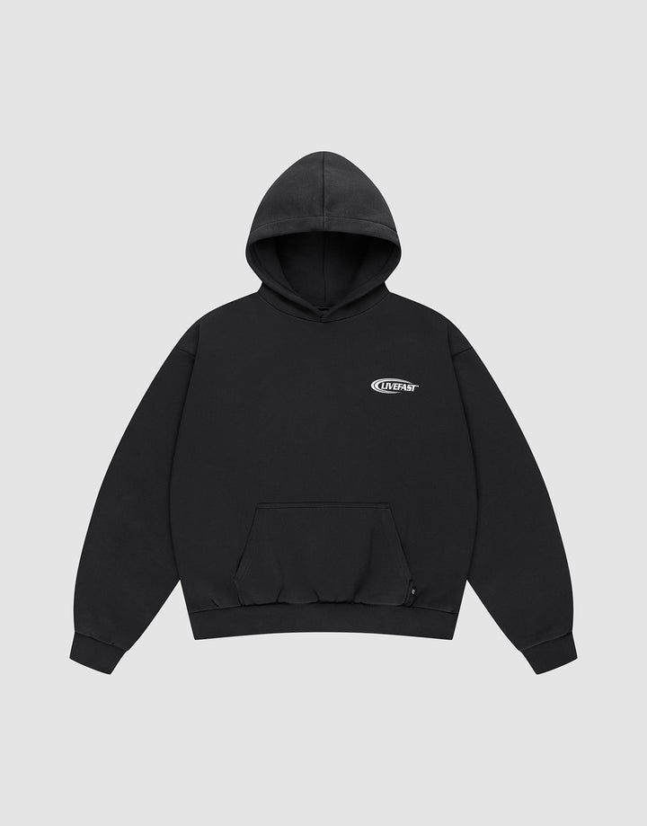 The LFDY Supply Hooded by LIVE FAST DIE YOUNG is a black, oversized hoodie with long sleeves, a front pocket, and a small white oval logo on the left chest. Made from Baumwolle Polyester and shown on a light gray background.