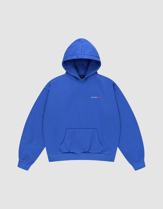 The LFDY F*ck Phones Hooded by LIVE FAST DIE YOUNG is a bright blue oversized hoodie in soft Baumwolle, featuring a front pocket and small chest text. Shown on a plain light gray background.
