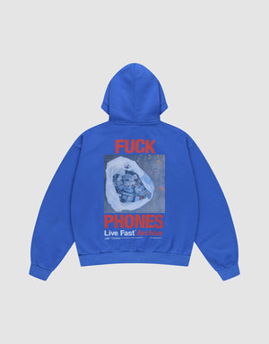 The LFDY F*ck Phones Hooded by LIVE FAST DIE YOUNG is a blue Oversize Fit Baumwolle hoodie featuring bold red “FUCK PHONES Live Fast Archive” text on the front and a large abstract wrapped object as a backprint. | plain