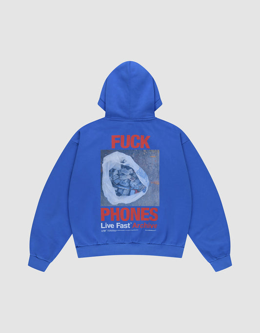 The LFDY F*ck Phones Hooded by LIVE FAST DIE YOUNG is a blue Oversize Fit Baumwolle hoodie featuring bold red “FUCK PHONES Live Fast Archive” text on the front and a large abstract wrapped object as a backprint.