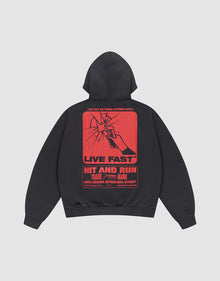 The Hit and Run Hooded by LIVE FAST DIE YOUNG is an oversized black sweatshirt with a large cracked glass backprint, bold red “LIVE FAST” and “HIT AND RUN” text, plus country names: United Kingdom, Netherlands, Germany. | plain 