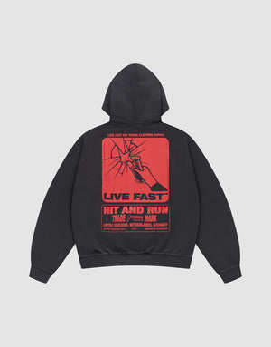 The Hit and Run Hooded by LIVE FAST DIE YOUNG is an oversized black sweatshirt with a large cracked glass backprint, bold red “LIVE FAST” and “HIT AND RUN” text, plus country names: United Kingdom, Netherlands, Germany. | plain 