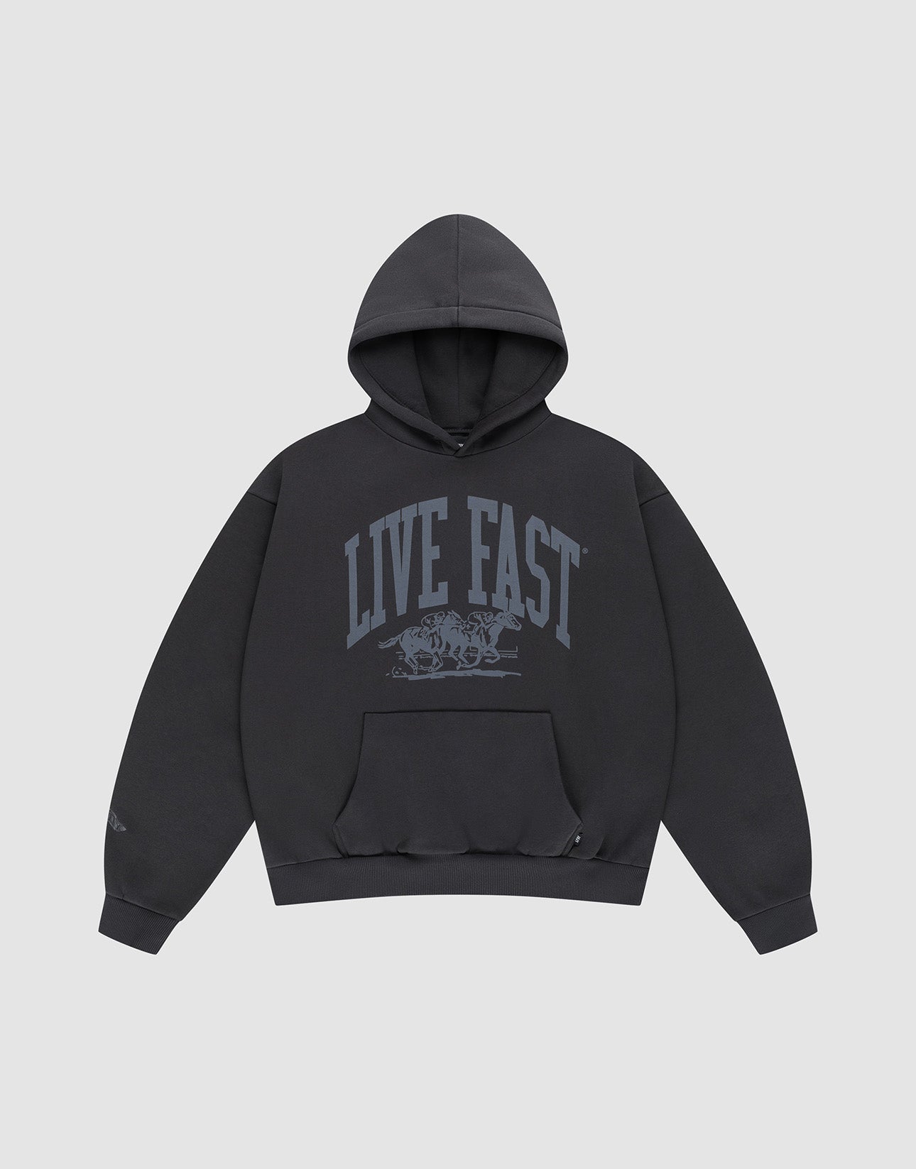 The LIVE FAST DIE YOUNG Live Fast Stallion Hooded is a black oversized cotton sweatshirt with a gray "LIVE FAST" print and running animal design on the front, shown on a plain light gray background. | plain