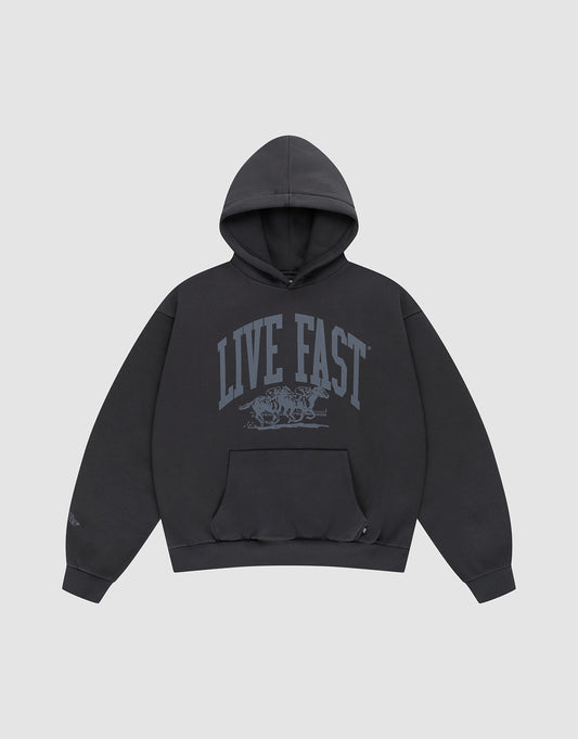 The LIVE FAST DIE YOUNG Live Fast Stallion Hooded is a black oversized cotton sweatshirt with a gray "LIVE FAST" print and running animal design on the front, shown on a plain light gray background. | plain