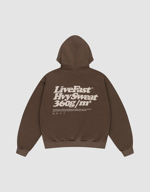 The Basic 360 Hooded by LIVE FAST DIE YOUNG is a brown oversized hoodie with bold white front and back prints, smaller symbols and text, made from a cotton-polyester blend. Laid flat with sleeves spread out. | plain