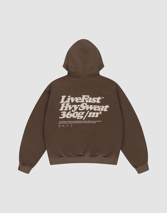 The Basic 360 Hooded by LIVE FAST DIE YOUNG is a brown oversized hoodie with bold white front and back prints, smaller symbols and text, made from a cotton-polyester blend. Laid flat with sleeves spread out.