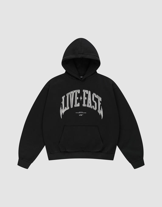 The Live Fast Axe Hooded by LIVE FAST DIE YOUNG is an oversized black hoodie with a front pocket and bold silver "LIVE FAST" front print, made from soft cotton and shown laid flat on a light gray background. | plain