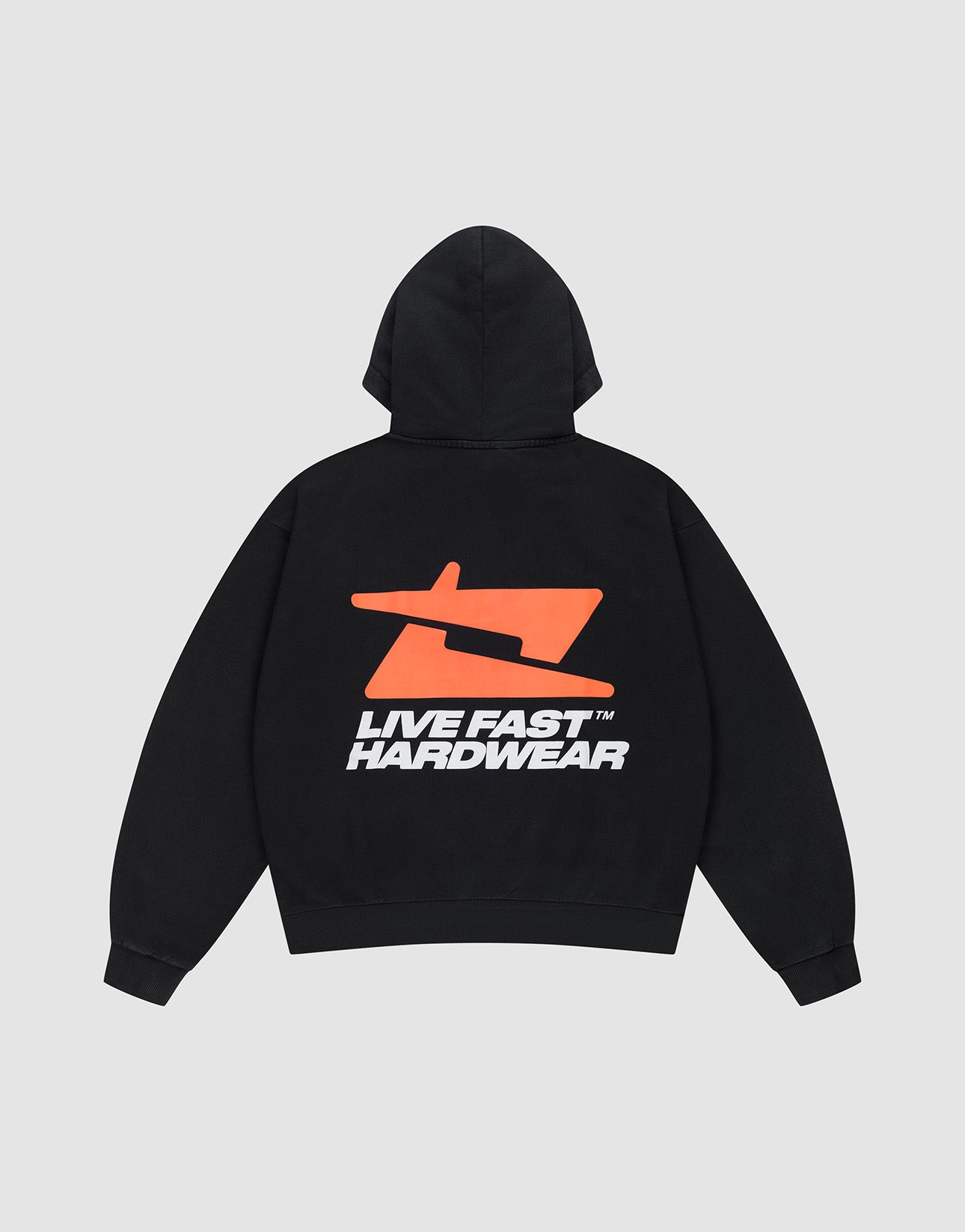 The LFDY Hardwear Hooded by LIVE FAST DIE YOUNG is a black oversized hoodie made from 100% cotton, featuring an orange and white pufferprint "LIVE FAST HARDWEAR" graphic on the back. Shown laid flat on a light background.