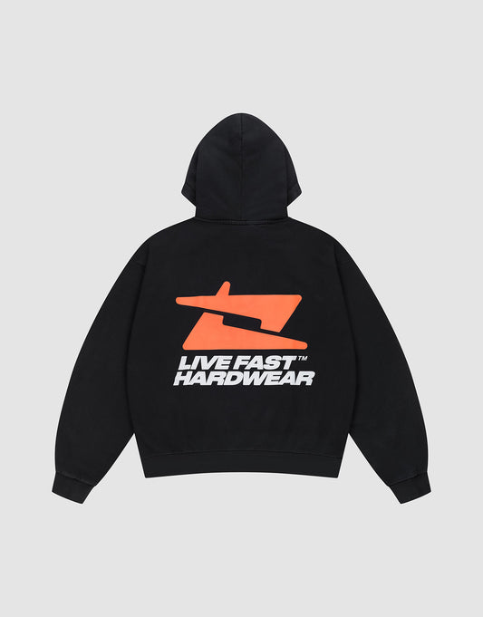 The LFDY Hardwear Hooded by LIVE FAST DIE YOUNG is a black oversized hoodie made from 100% cotton, featuring an orange and white pufferprint "LIVE FAST HARDWEAR" graphic on the back. Shown laid flat on a light background. | plain