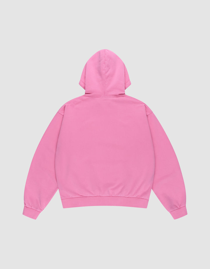 The Ripped College Hooded by LIVE FAST DIE YOUNG, shown flat with the back facing up, is an oversize pink hoodie featuring long sleeves, a hood, ribbed cuffs and hem, all set against a light gray background.