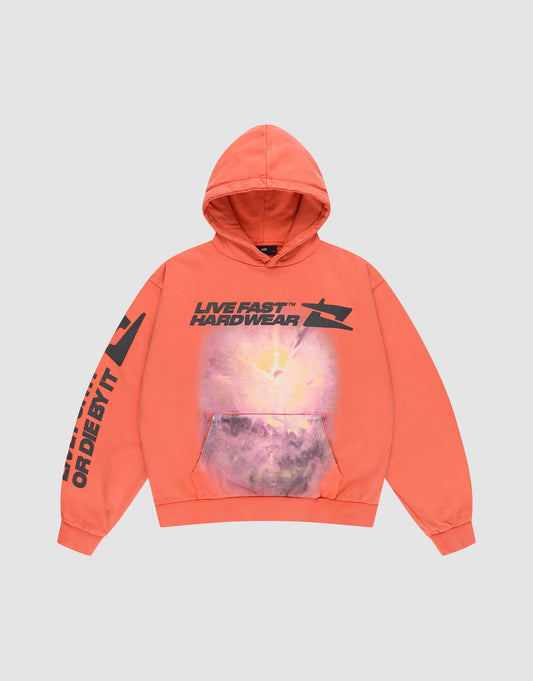 The LFDY Angel Hooded by LIVE FAST DIE YOUNG is a coral orange oversize fit sweatshirt with a LIVE FAST HARDWEAR front print, flying bird graphic, and "LIVE FAST OR DIE BIT" text on the right sleeve. Made from 100% Baumwolle for comfort. | plain