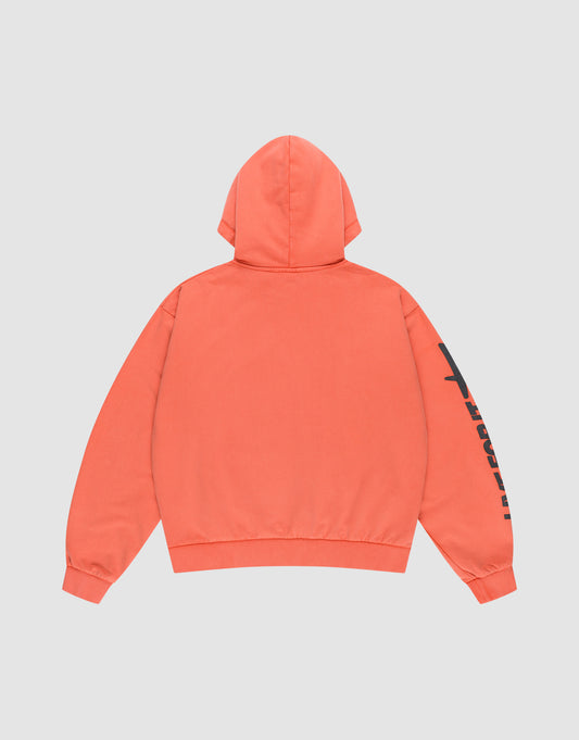 Back view of the LFDY Angel Hooded by LIVE FAST DIE YOUNG, an oversize coral hoodie made from 100% cotton, featuring partially visible black text on the right sleeve, displayed against a light gray background.