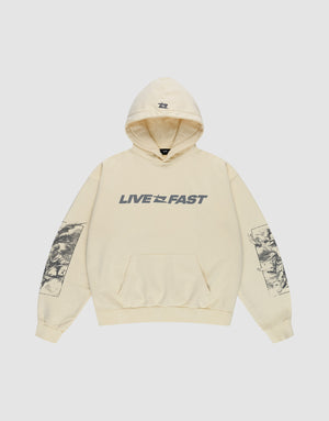 The LFDY Window Hooded by LIVE FAST DIE YOUNG is an oversized beige hoodie in 100% cotton, featuring "LIVE FAST" text with a small graphic, black reflective prints on both sleeves, a logo on the hood, and a front pocket. | plain