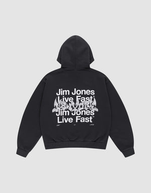 The Live Fast NY Hooded by LIVE FAST DIE YOUNG is a black oversize hoodie crafted from Baumwolle, with bold white "Jim Jones Live Fast" text and abstract graphics on the back plus front- and backprint details. | plain