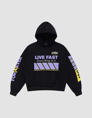 The LFDY Racing Hooded by LIVE FAST DIE YOUNG is a black oversized cotton hoodie with "LIVE FAST and Everything in it." printed in white and lavender on the front, plus bold glossy lavender and yellow graphics on both sleeves. | plain