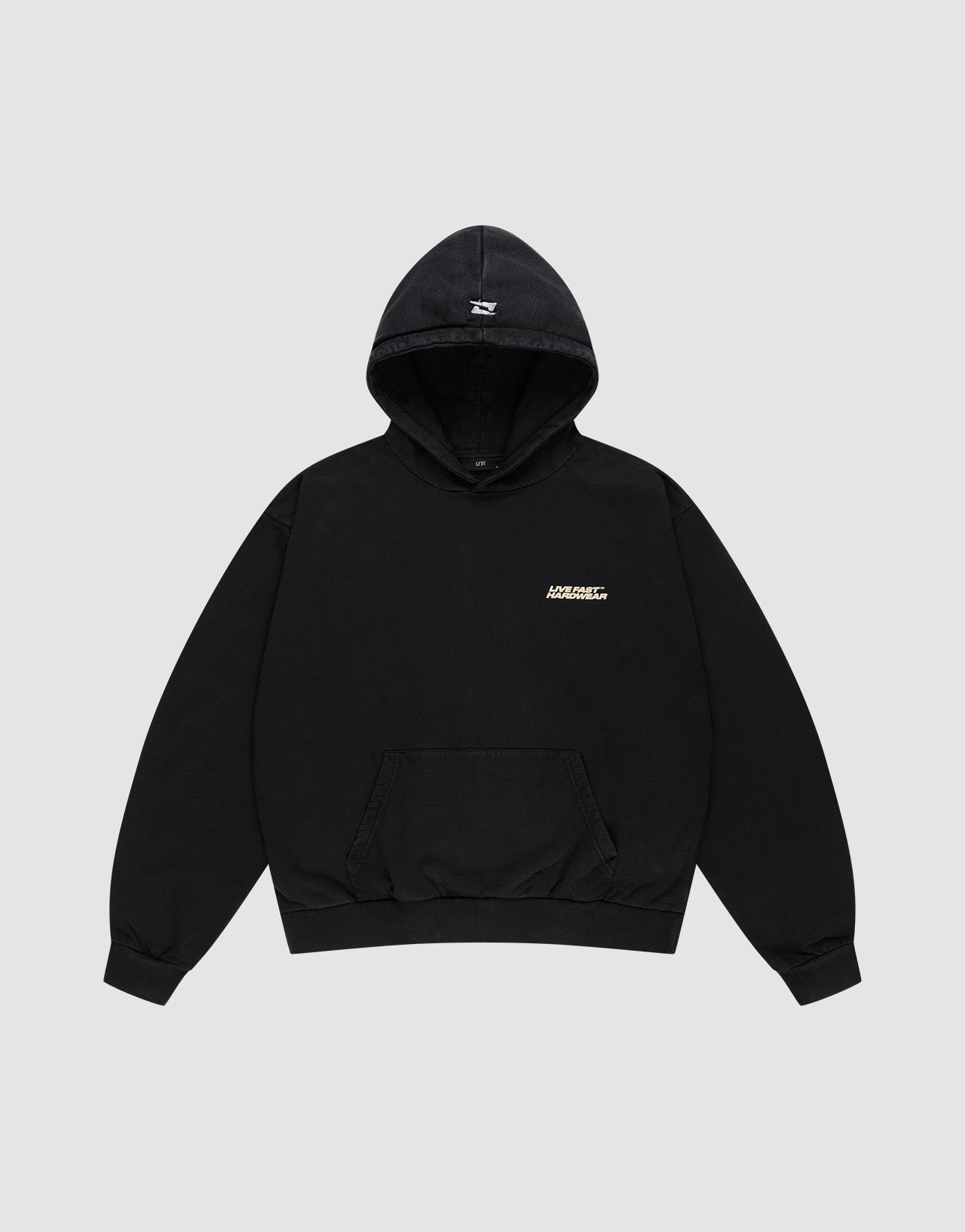 The LFDY Savior Hooded by LIVE FAST DIE YOUNG is a black, oversize fit sweatshirt with a front pocket and small white logo on the left chest, made from 100% Baumwolle, shown on a plain light gray background.