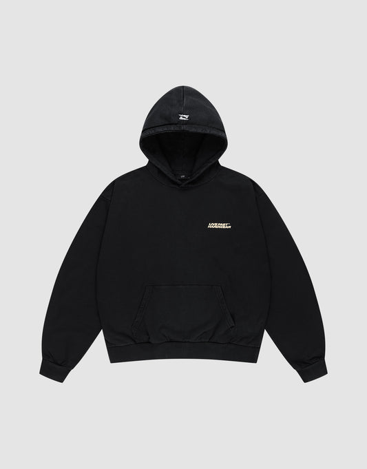 The LFDY Savior Hooded by LIVE FAST DIE YOUNG is a black, oversize fit sweatshirt with a front pocket and small white logo on the left chest, made from 100% Baumwolle, shown on a plain light gray background.
