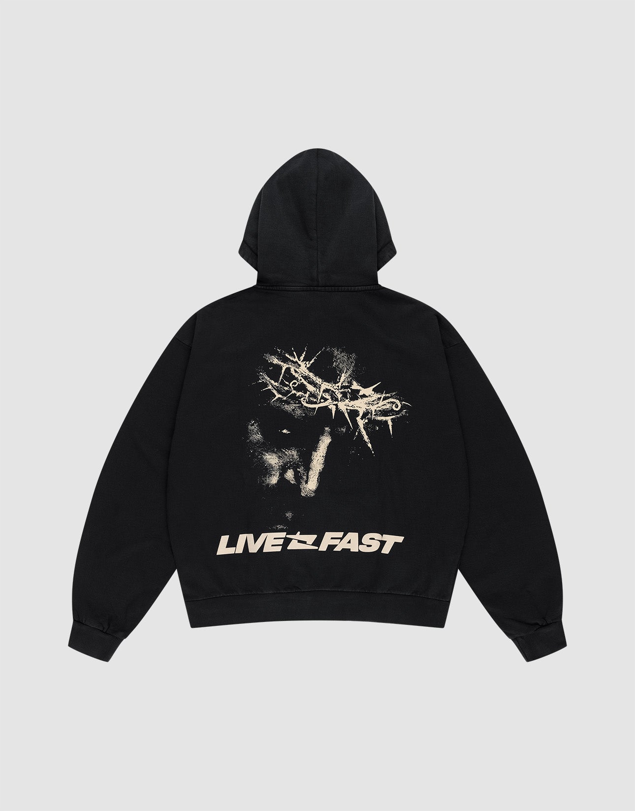 The LFDY Savior Hooded by LIVE FAST DIE YOUNG is an oversize black sweatshirt in 100% Baumwolle, featuring an abstract scratched beige graphic and Logo Stick on the back with “LIVE FAST” text at the bottom. Shown on a light gray background.