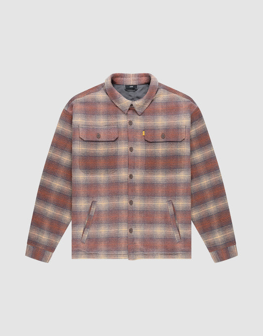 The LIVE FAST DIE YOUNG Vintage Padded Flannel is a long-sleeve, button-up shirt with a brown, beige, and red plaid pattern, two chest flap pockets, side pockets, and an oversize fit. | plain