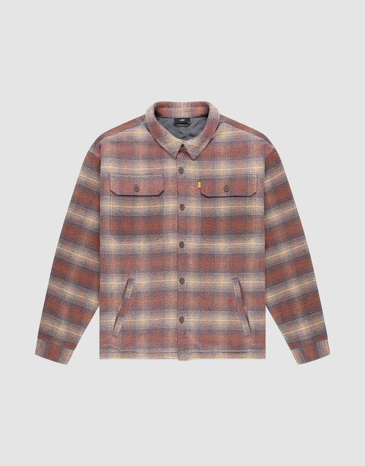 The LIVE FAST DIE YOUNG Vintage Padded Flannel is a long-sleeve, button-up shirt with a brown, beige, and red plaid pattern, two chest flap pockets, side pockets, and an oversize fit. | plain