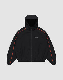 The Live Fast Trackjacket by LIVE FAST DIE YOUNG is a black zip-up hoodie with red piping on the shoulders and sleeves, elastic cuffs and hem, zippered side pockets, and small white LIFE SUX ART text on the left chest, shown on a light gray background. | plain