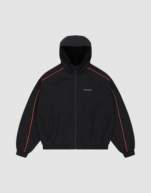 The Live Fast Trackjacket by LIVE FAST DIE YOUNG is a black zip-up hoodie with red piping on the shoulders and sleeves, elastic cuffs and hem, zippered side pockets, and small white LIFE SUX ART text on the left chest, shown on a light gray background. | plain