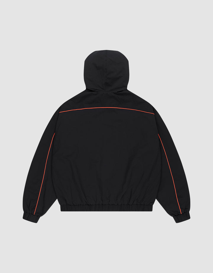 The LIVE FAST DIE YOUNG Live Fast Trackjacket in black Regular Fit is shown from the back with red piping on the sleeves and upper back, elastic cuffs and waistband, and zippered side pockets, against a plain light gray background.