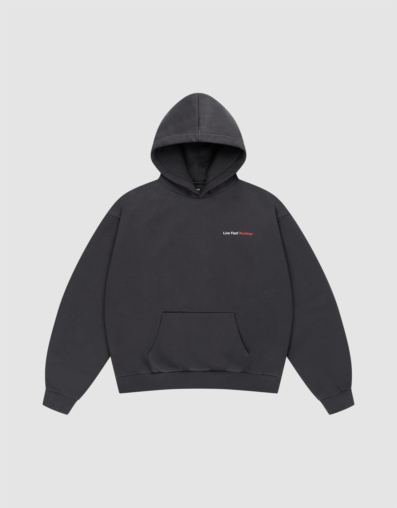 The LFDY F*ck Phones Hooded by LIVE FAST DIE YOUNG is a plain dark gray oversized sweatshirt in Baumwolle Polyester, featuring a front pocket and small white and red "Like Fear Archive" text on the left chest, shown on a light gray background.