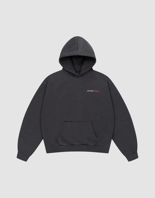 The LFDY F*ck Phones Hooded by LIVE FAST DIE YOUNG is a plain dark gray oversized sweatshirt in Baumwolle Polyester, featuring a front pocket and small white and red "Like Fear Archive" text on the left chest, shown on a light gray background.