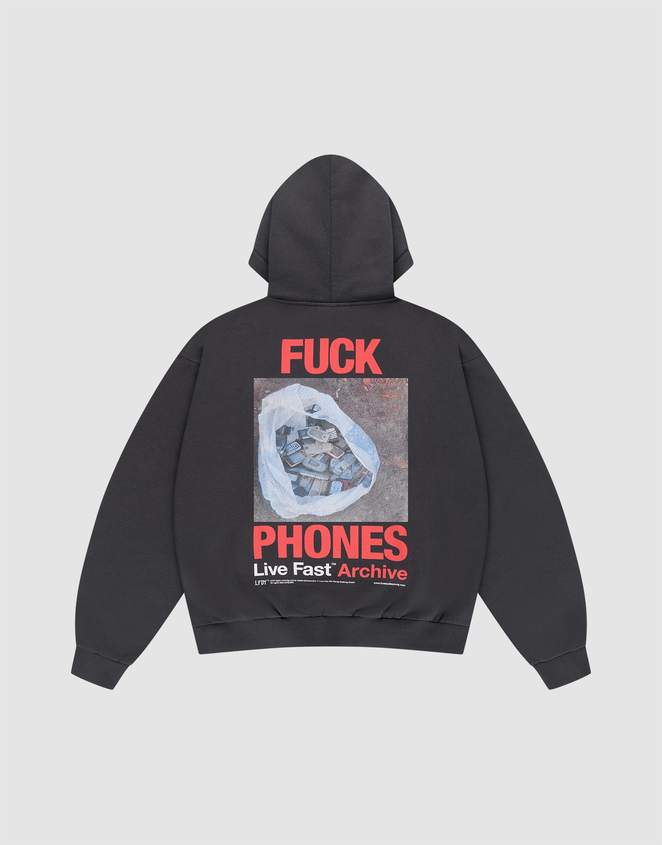 The LFDY F*ck Phones Hooded by LIVE FAST DIE YOUNG is a black oversized cotton-polyester hoodie with a front print and a back graphic of old phones, bold red "FUCK PHONES," and "Live Fast Archive" text.| plain