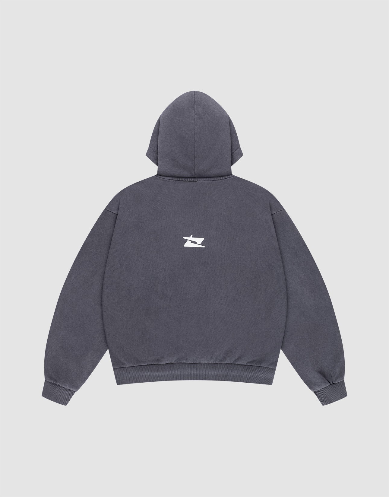 The LFDY Core Hooded by LIVE FAST DIE YOUNG is an Oversize Fit dark gray hoodie, shown flat with the back up. It features a small white abstract graphic on the upper back and is made from 100% Baumwolle for comfort and style.