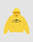 The Live Fast Beware Hooded by LIVE FAST DIE YOUNG is an oversize yellow hoodie made of 100% Baumwolle, featuring black "LIVE FAST. BEWARE" text and a horned skull illustration on the chest, set against a light gray background.