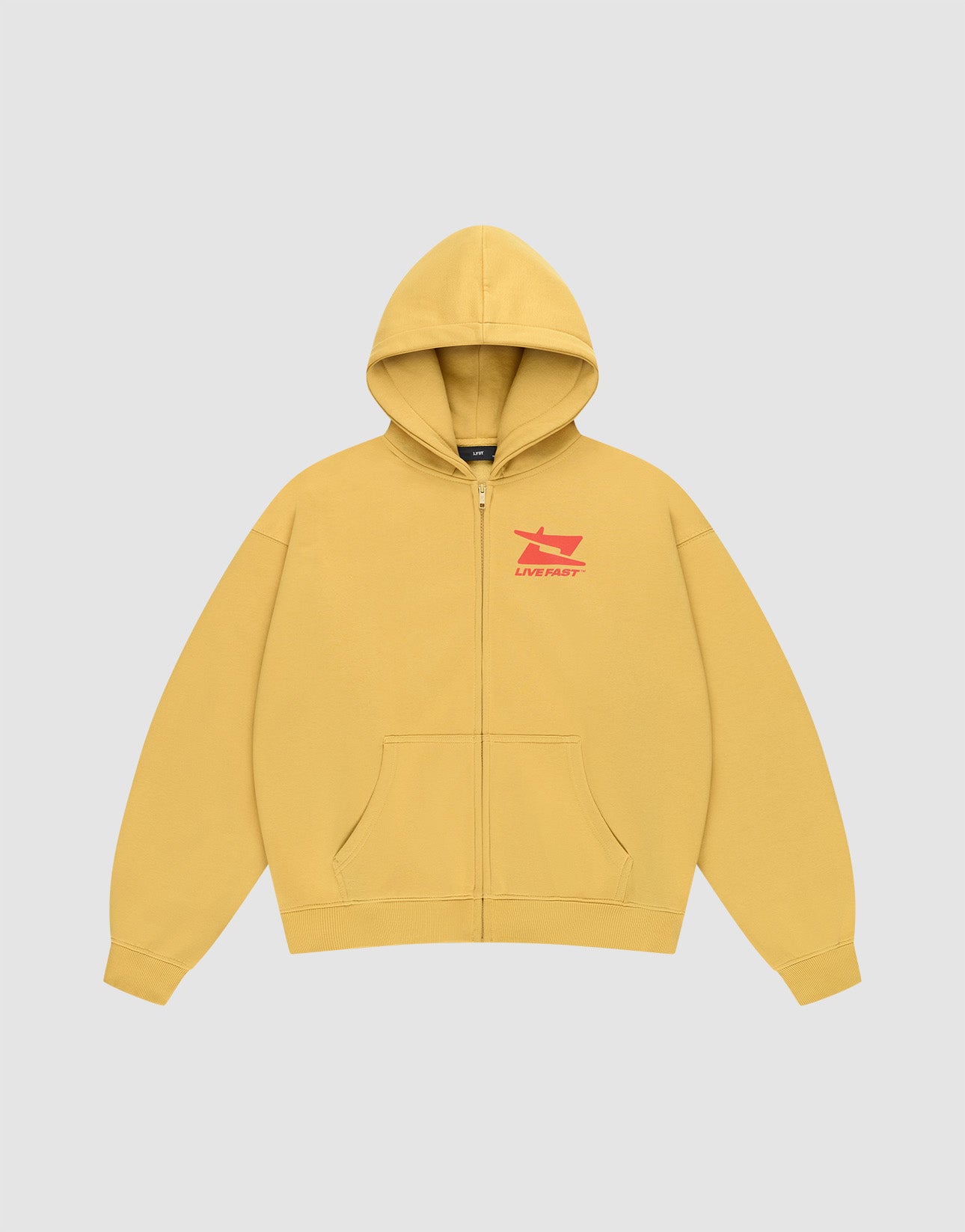 The Live Fast Sweatsuit Jacket by LIVE FAST DIE YOUNG is a yellow oversized zip-up hoodie with a hood, front pocket, and small red front print featuring "LIVEMART" on the left chest.