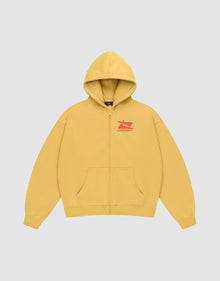 The Live Fast Sweatsuit Jacket by LIVE FAST DIE YOUNG is a yellow oversized zip-up hoodie with a hood, front pocket, and small red front print featuring "LIVEMART" on the left chest. | plain