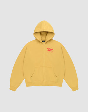 The Live Fast Sweatsuit Jacket by LIVE FAST DIE YOUNG is a yellow oversized zip-up hoodie with a hood, front pocket, and small red front print featuring "LIVEMART" on the left chest. | plain