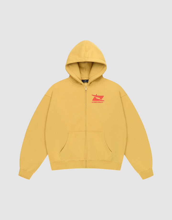 The Live Fast Sweatsuit Jacket by LIVE FAST DIE YOUNG is a yellow oversized zip-up hoodie with a hood, front pocket, and small red front print featuring "LIVEMART" on the left chest. | plain