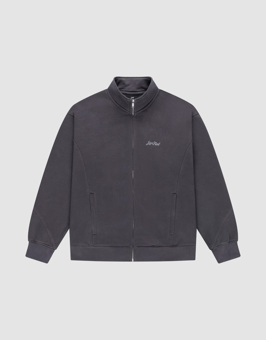 The LIVE FAST DIE YOUNG Sweatsuit Jacket is a dark gray regular fit zip-up with a Stehkragen, side pockets, ribbed cuffs, and a subtle logo-stick embroidered on the left chest, shown on a plain white background. | plain