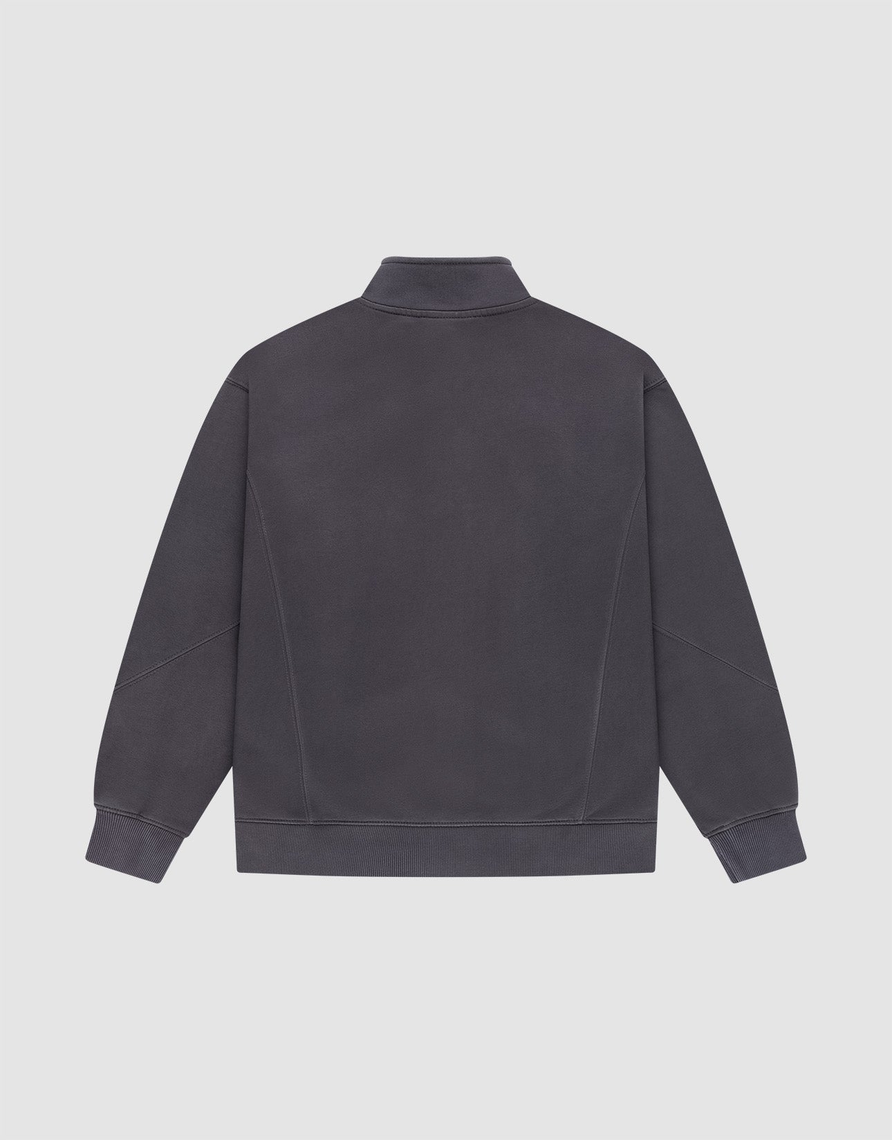 The LIVE FAST DIE YOUNG Sweatsuit Jacket is a plain, dark gray zip-up with a Stehkragen, long sleeves, visible seams, and a Regular Fit, shown from the back on a light gray background.