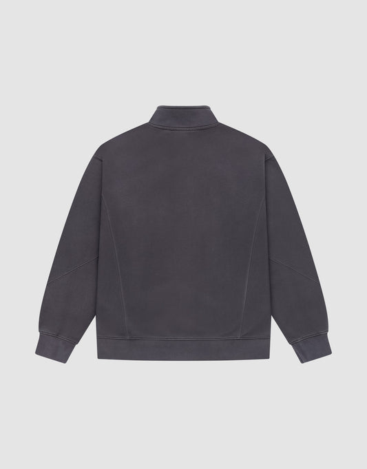 The LIVE FAST DIE YOUNG Sweatsuit Jacket is a plain, dark gray zip-up with a Stehkragen, long sleeves, visible seams, and a Regular Fit, shown from the back on a light gray background.