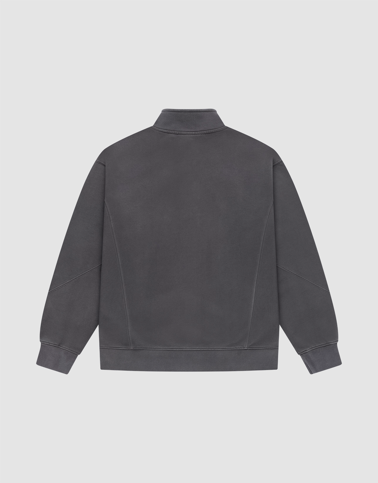 The LIVE FAST DIE YOUNG Sweatsuit Jacket is a plain, dark gray zip-up with a Stehkragen, long sleeves, visible seams, and a Regular Fit, shown from the back on a light gray background.