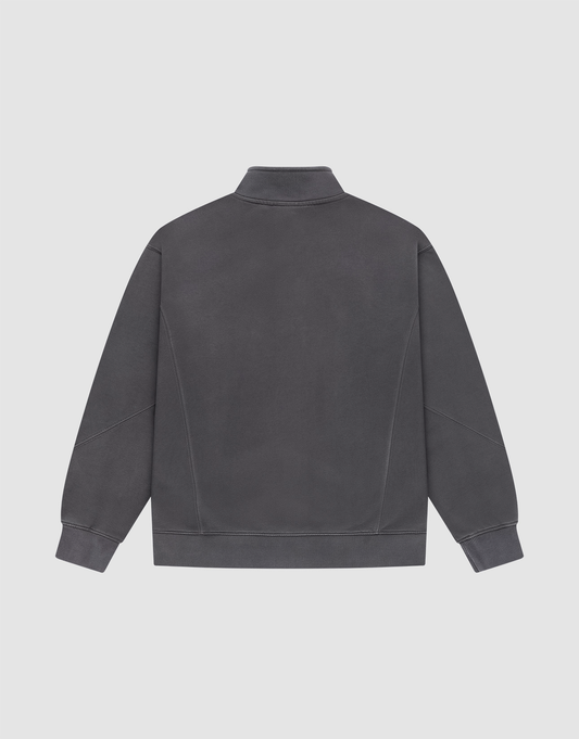 The LIVE FAST DIE YOUNG Sweatsuit Jacket is a plain, dark gray zip-up with a Stehkragen, long sleeves, visible seams, and a Regular Fit, shown from the back on a light gray background.