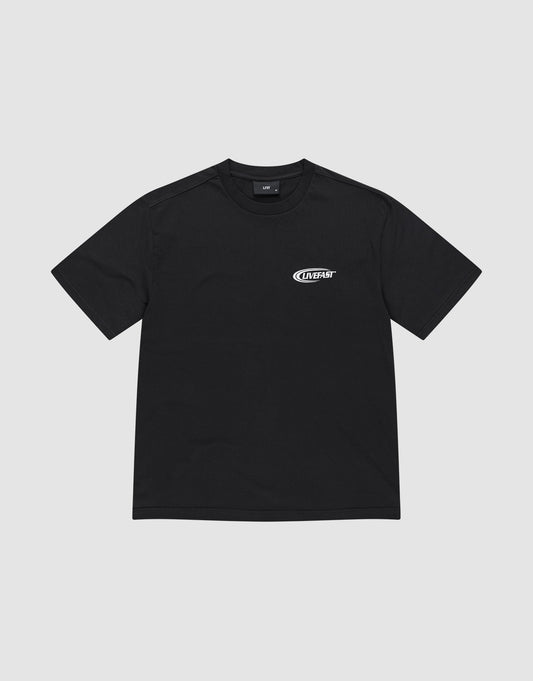 The LFDY Supply Tee by LIVE FAST DIE YOUNG is an oversized black short-sleeve t-shirt made from 100% Baumwolle, featuring a small white LIVE FAST logo on the left chest, shown against a plain light gray background.