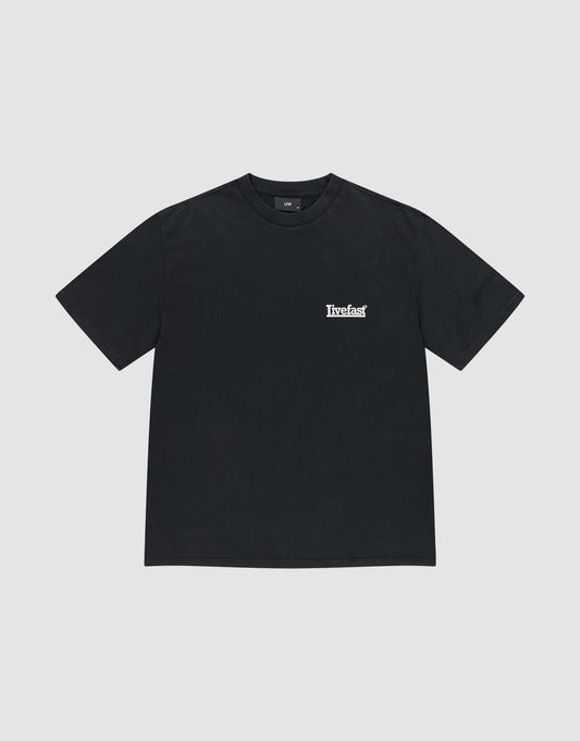 The LFDY Bulge Tee by LIVE FAST DIE YOUNG is a plain black oversized short-sleeve t-shirt with a small white livefast logo on the left chest, made from 100% Baumwolle and shown on a light gray background.