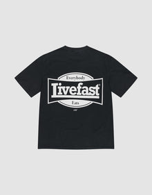The LFDY Bulge Tee by LIVE FAST DIE YOUNG is a black oversized T-shirt made from 100% Baumwolle, featuring a bold white "Everybody Livefast Eats" rectangular backprint. | plain