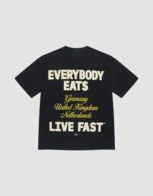 The Everybody Eats Tee by LIVE FAST DIE YOUNG is a black, 100% cotton oversize shirt with bold yellow and white front and back prints reading EVERYBODY EAT$, Germany, United Kingdom, Netherlands, and LIVE FAST™. | plain