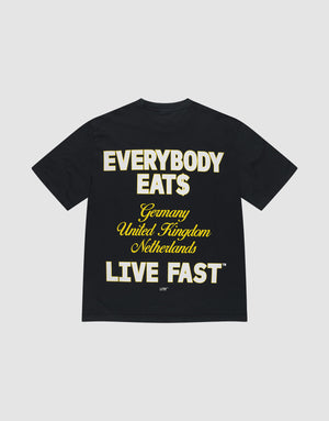 The Everybody Eats Tee by LIVE FAST DIE YOUNG is a black, 100% cotton oversize shirt with bold yellow and white front and back prints reading EVERYBODY EAT$, Germany, United Kingdom, Netherlands, and LIVE FAST™. | plain