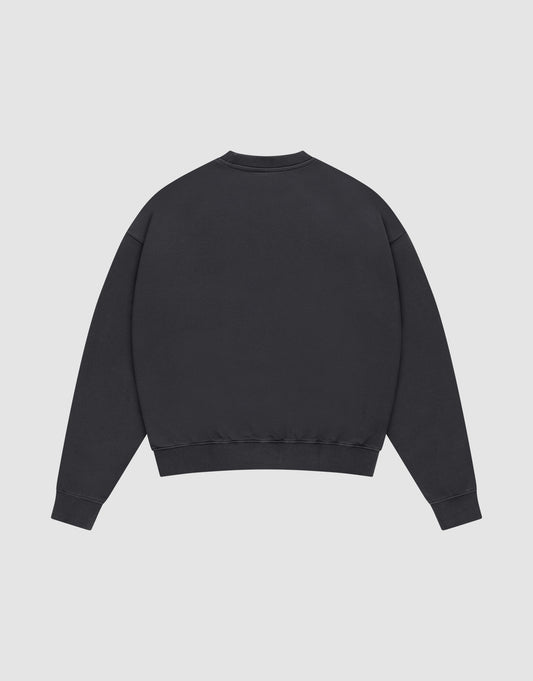 The LIVE FAST DIE YOUNG Live Fast Die Young Chest Sweater, a plain black crewneck with long sleeves and ribbed cuffs, collar, and hem, is displayed flat on a white background from the back for a classic oversized sweater look.