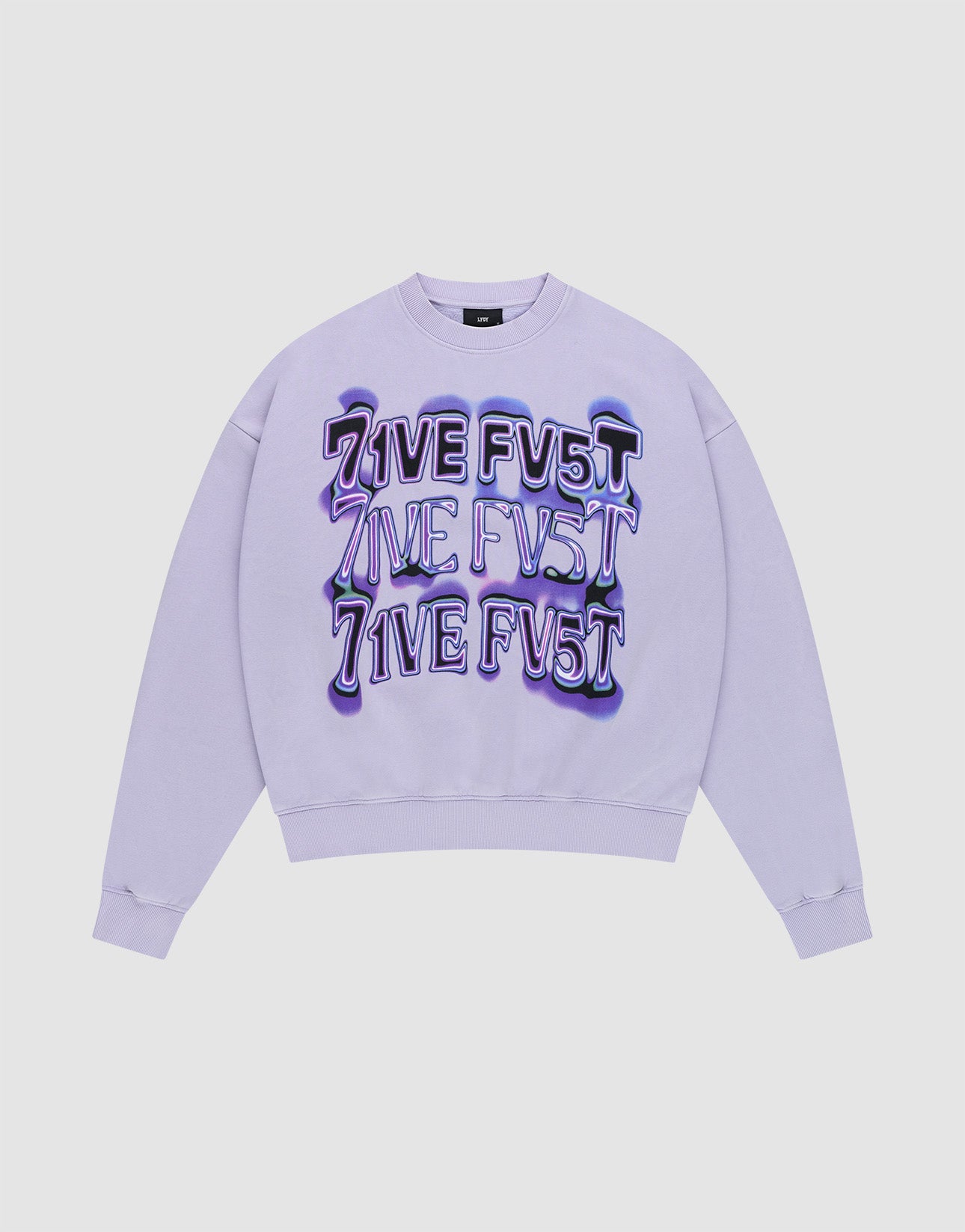 The Triple Sweater by LIVE FAST DIE YOUNG is an oversize fit lavender crewneck with "LIVE FV5T" printed three times in bold, distorted purple and black on the front. Crafted from soft Baumwolle and shown flat on a white background. | plain